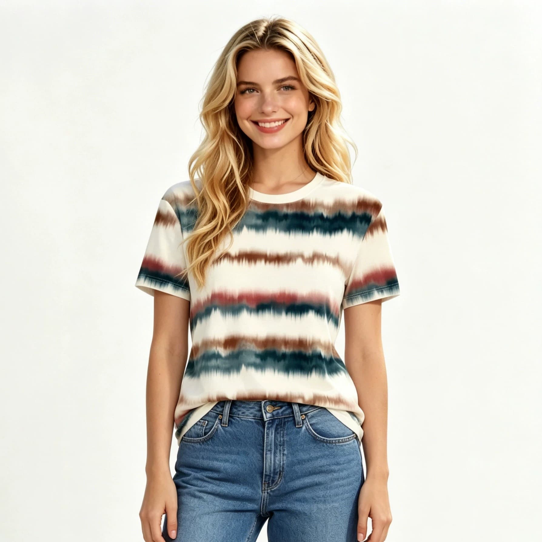 Midi Horizontal Stripe Gradient Tie-Dye Print Crew Neck Short Sleeve T-Shirt Casual Versatile Everyday Women's Top