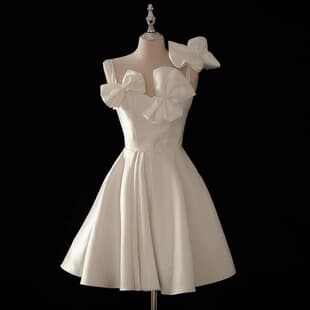 Satin Hepburn style light wedding dress short French first love dress butterfly strap backless engagement certificate dress