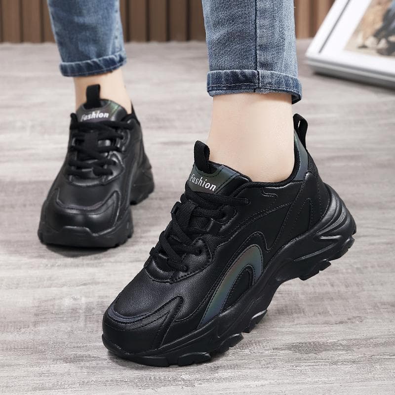 Autumn Winter Women's Shoes Black Leather Waterproof Casual Sneakers Versatile Soft Sole Dad Shoes Non-slip Travel Shoes