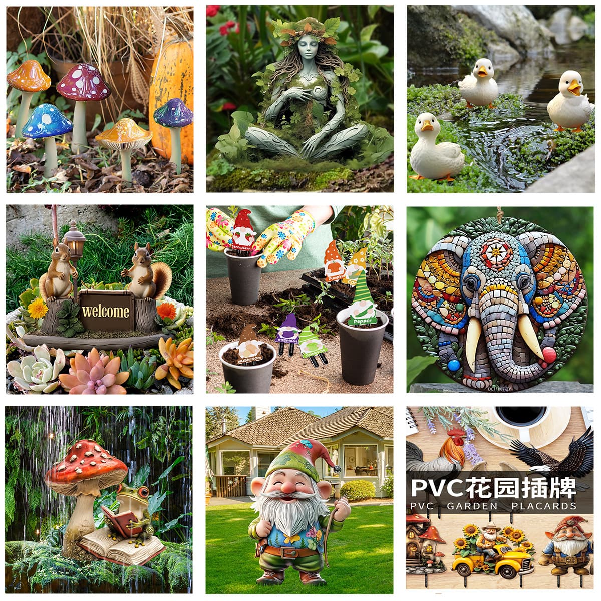 Curated Cartoon Garden PVC Flat Insert Signs Duck Elf Mushroom Elephant Gnome Garden Decor Ground Insert