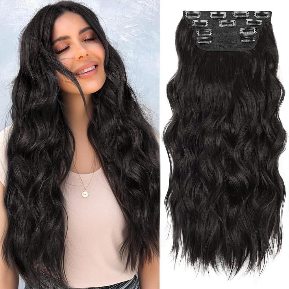 Wig 4-Piece Set with Clips, Long Hair for Volume, Invisible Big Waves, Synthetic Hair Extensions