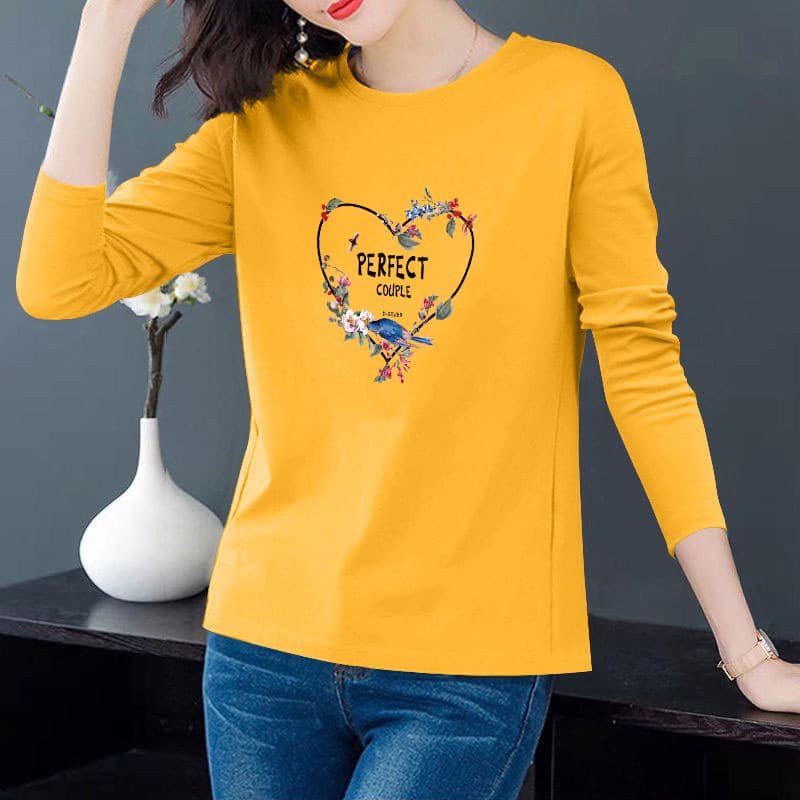 Cotton T-Shirt for Women Long Sleeve Undershirt 2023 Spring Autumn New Thin Korean Style Slim Fit Printed Top