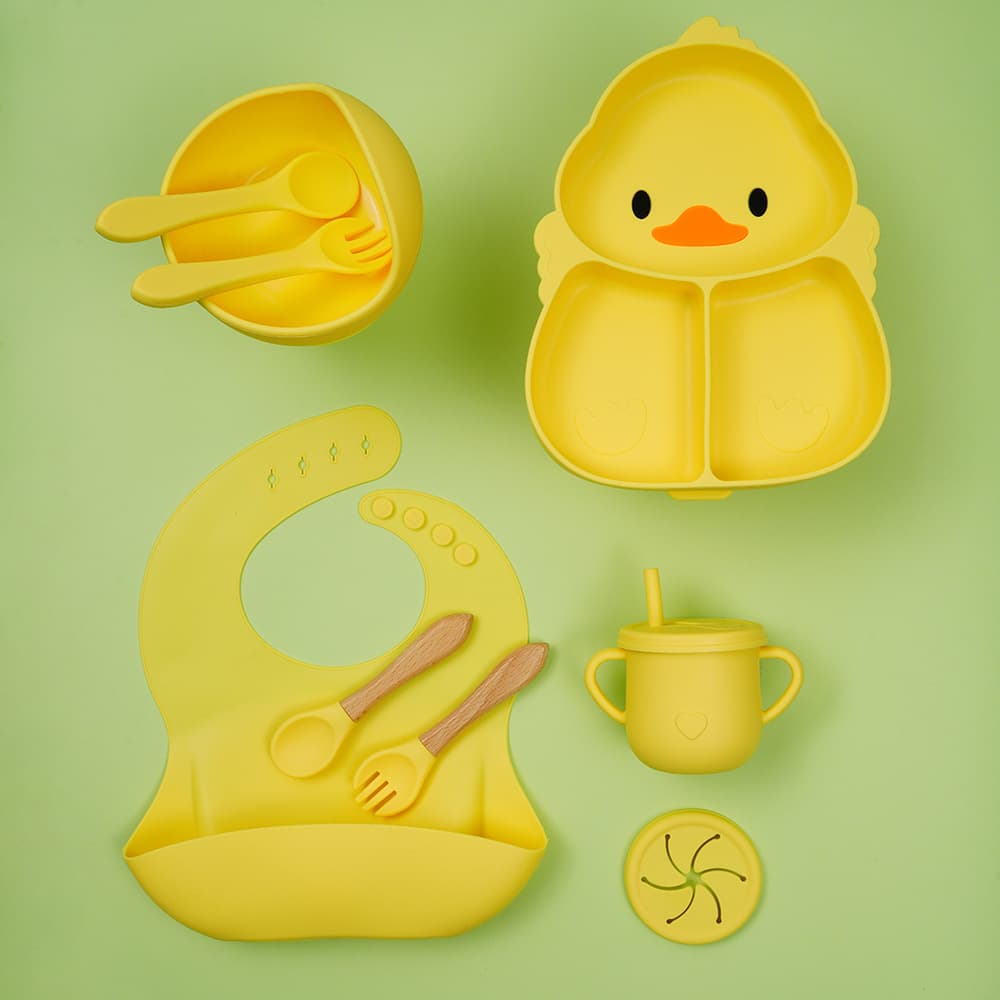 Baby cartoon silicone food grade tableware set infant food supplement feeding tableware anti-fall bowl cup bib