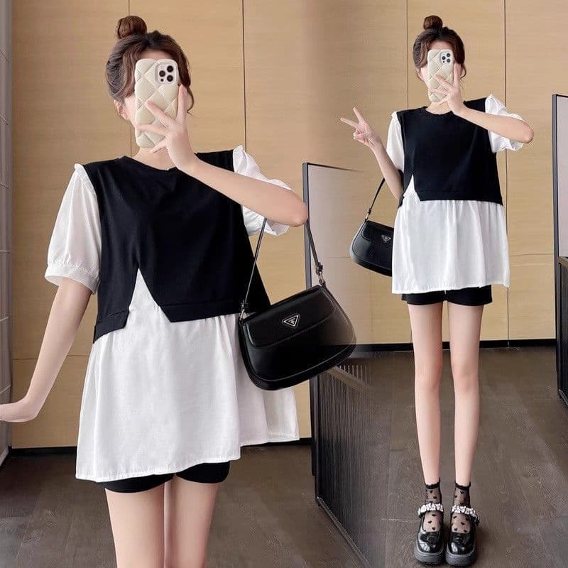 Maternity Wear New Korean Style Loose-Fitting Patchwork Babydoll Top and Belly-Supporting Shorts Two-Piece Maternity Outfit Set