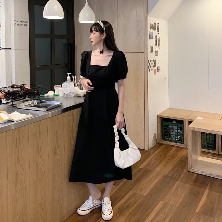 420# Official picture Hepburn little black dress slimming French retro temperament square collar knee-length long dress women summer black