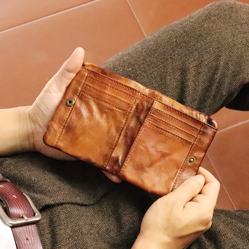 Hand-Rubbed Vegetable-Tanned Leather Wallet Vintage Distressed Youth Student Money Clip Vertical Multi-Function Wallet
