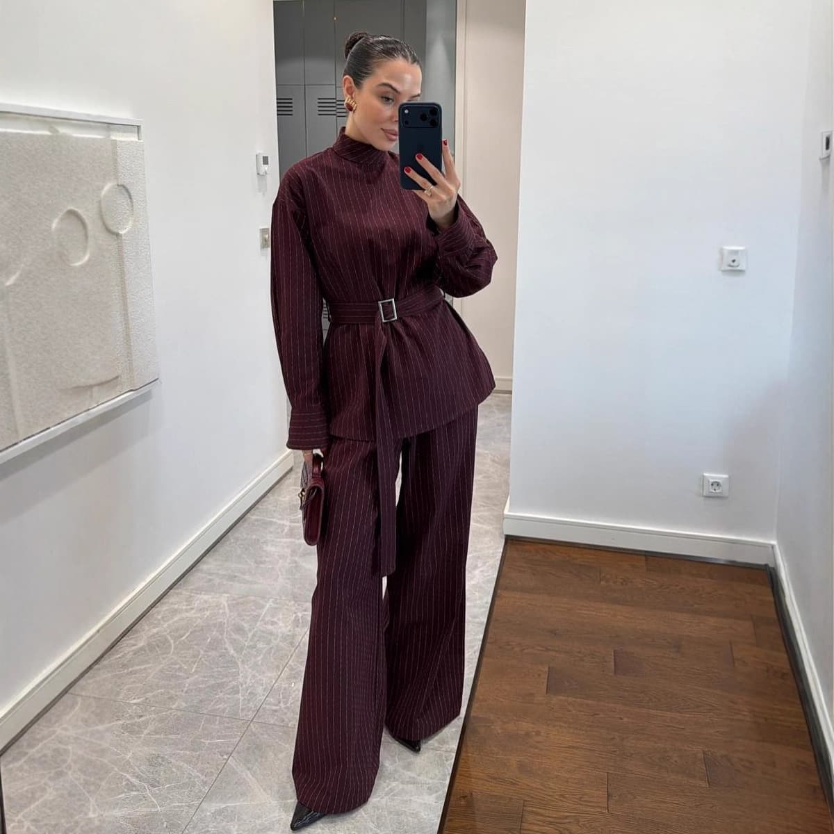 Amazon 2025 Fall New Cross-Border European and American Casual Half-Turtleneck Slim Fit Striped Office Style Wide-Leg Pants