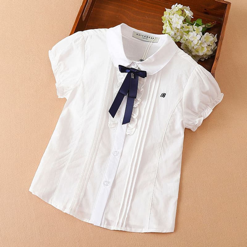 Girls' Short Sleeve Shirt Summer Outfit Korean Style Children's Clothing Butterfly Knot Turn-down Collar White Cotton Shirt