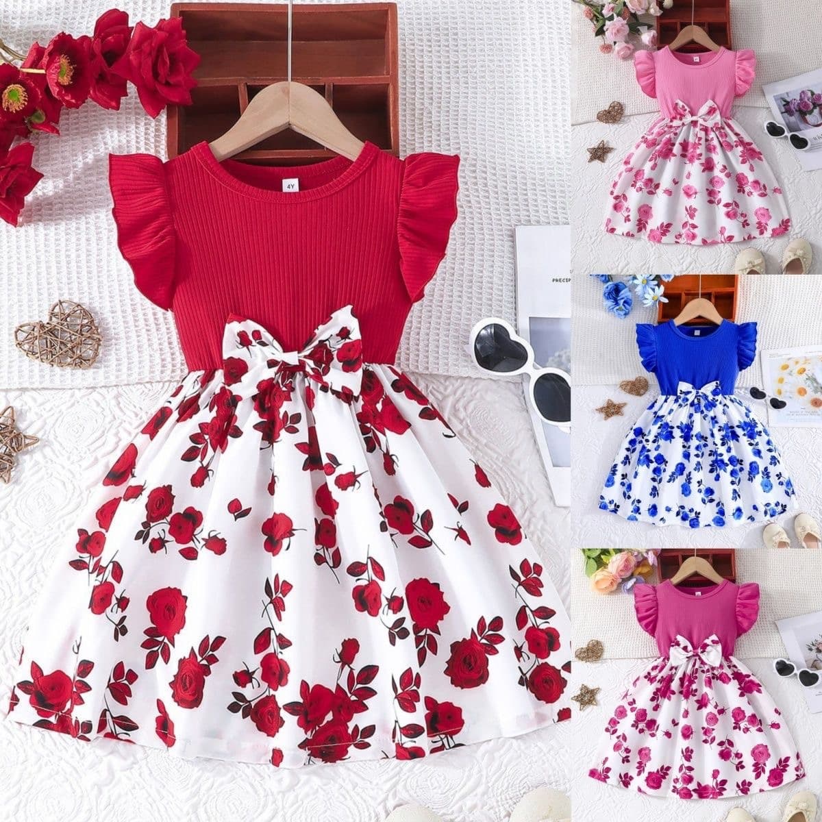 Cross-border children's clothing little girl fashion fly-sleeve dress 2025 little girl printed spliced dress wholesale supply