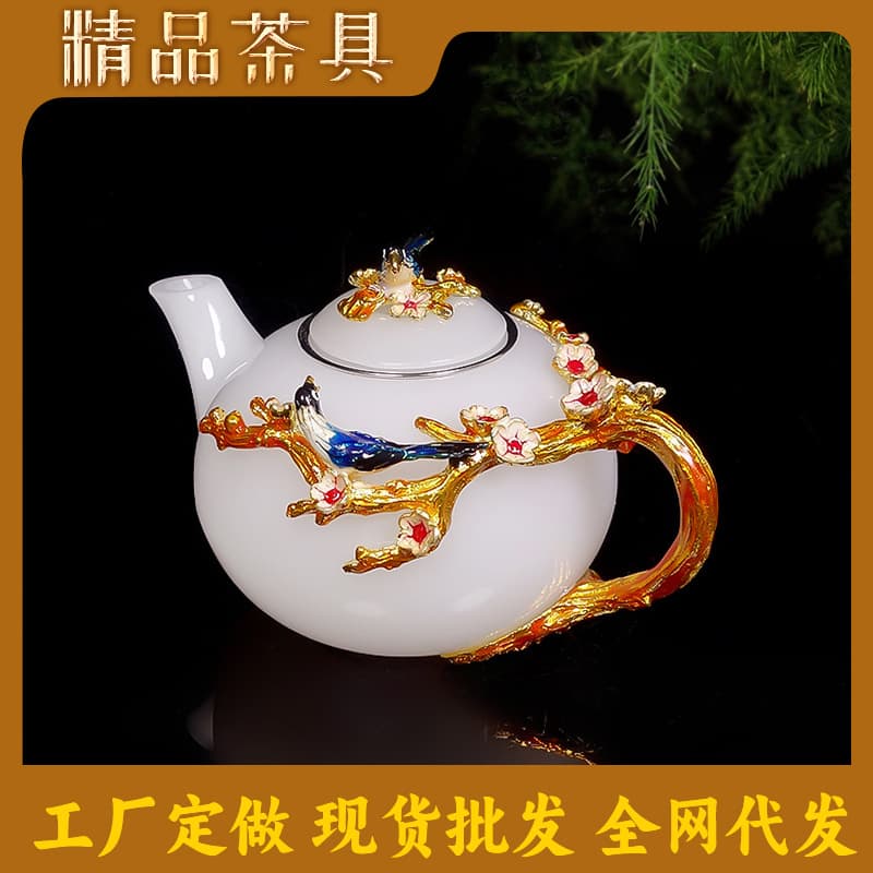 Creative Enamel Ancient Method Glazed Jade Porcelain Magpie on Plum Blossom Teapot Kung Fu Tea Brewing Single Pot Glazed Tea Set Wholesale