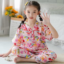 Summer Kids Cotton Silk Set, New Style Boys and Girls Short-Sleeve Air-Conditioned Outfit, Baby Cartoon Pajamas, Cotton Silk Loungewear