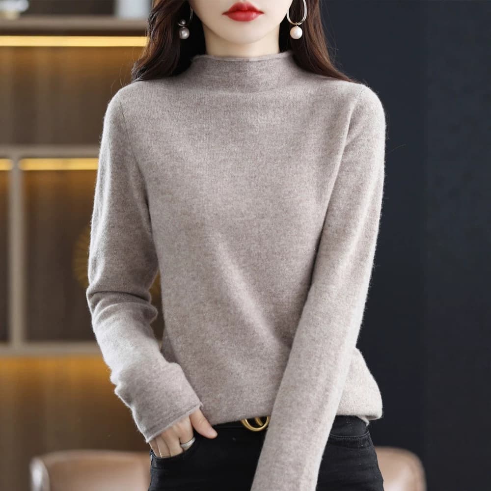 100% Pure Wool Fall Winter New Half High Rolled Collar Wool Sweater for Women, Knit Pullover Base Layer Sweater