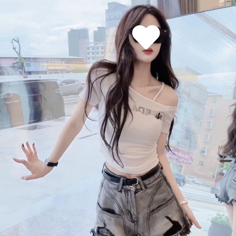 One-Shoulder Letter Print Short Sleeve T-Shirt 2025 Summer New Trendy Slimming Off-Shoulder Top