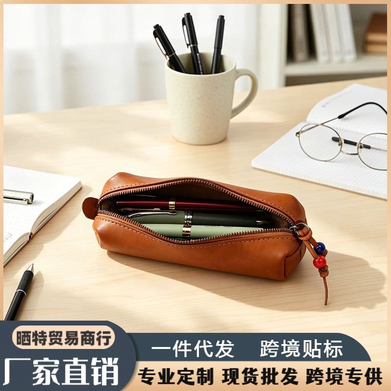Simple retro business commuting large-capacity leather pencil case makeup brush storage bag junior high school primary school student stationery bag