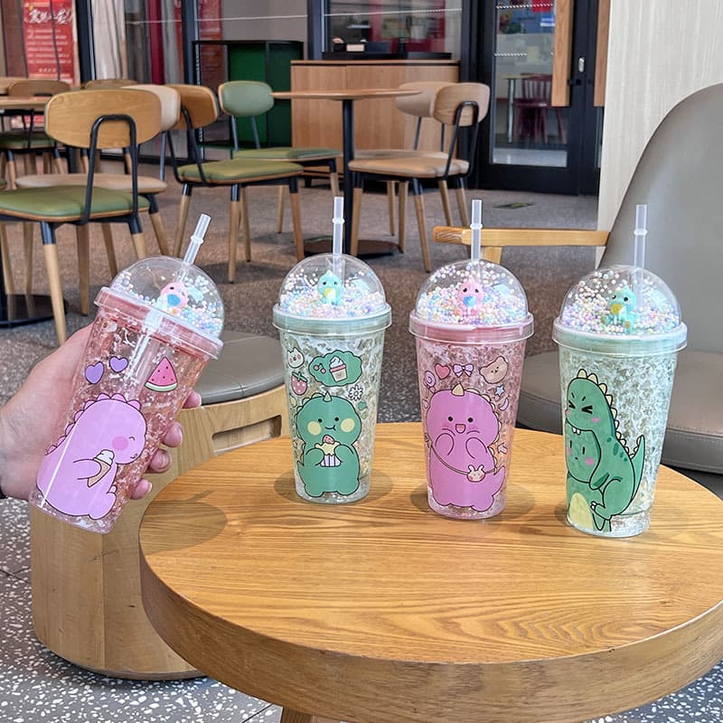 New Cross-Border High-Appearance Little Dinosaur Cartoon Plastic Water Cup Straw Cup Double-Layer Cup Glitter Crushed Ice Cup