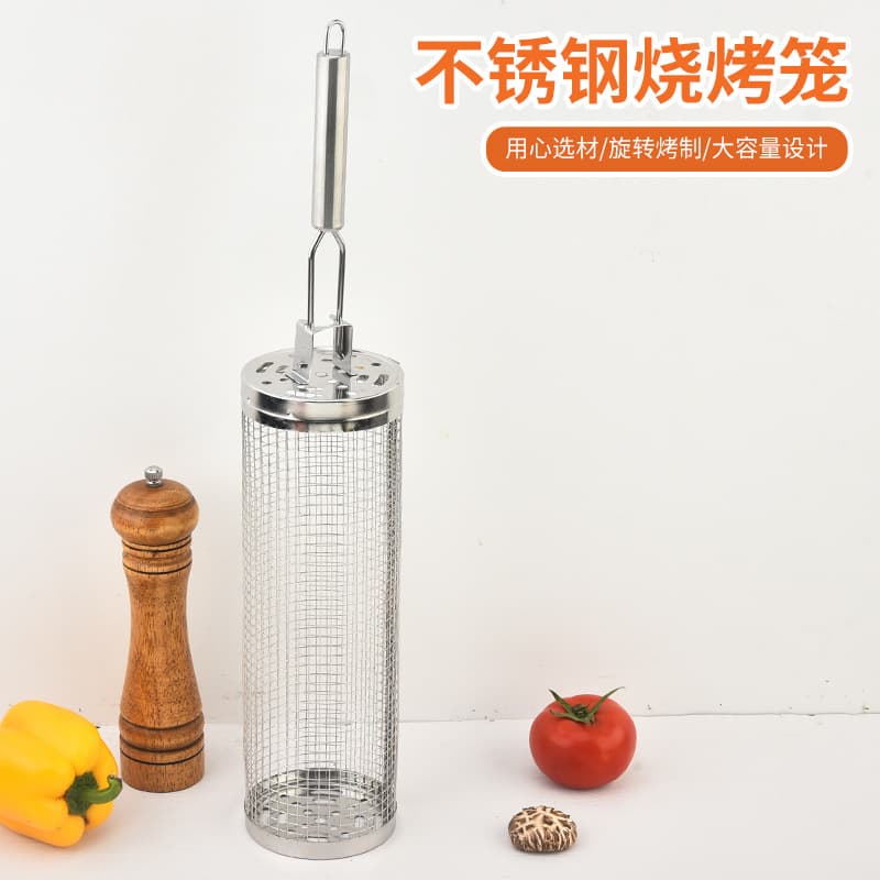 Stainless Steel Rolling Barbecue Cage Outdoor Portable BBQ Stainless Steel Barbecue Barrel Barbecue Cage