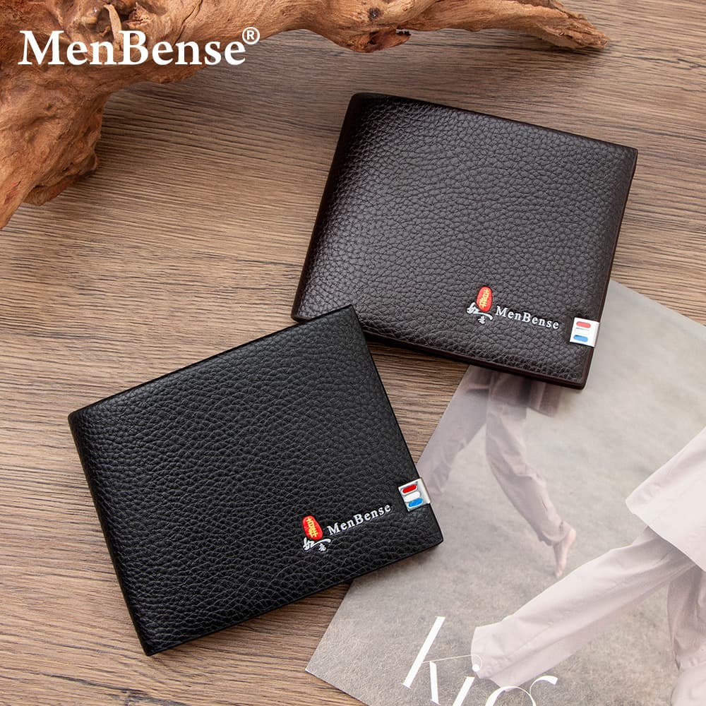 Fashionable New National Style Men's Short Wallet Large Litchi Pattern Multiple Card Slots Large Capacity Three-fold Concealed Line Hinge Men's Wallet