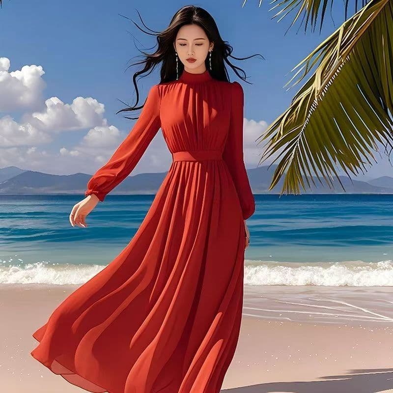 Solid color chiffon dress 2025 spring and summer new style high-end age-reducing drape elegant large skirt fashionable long skirt