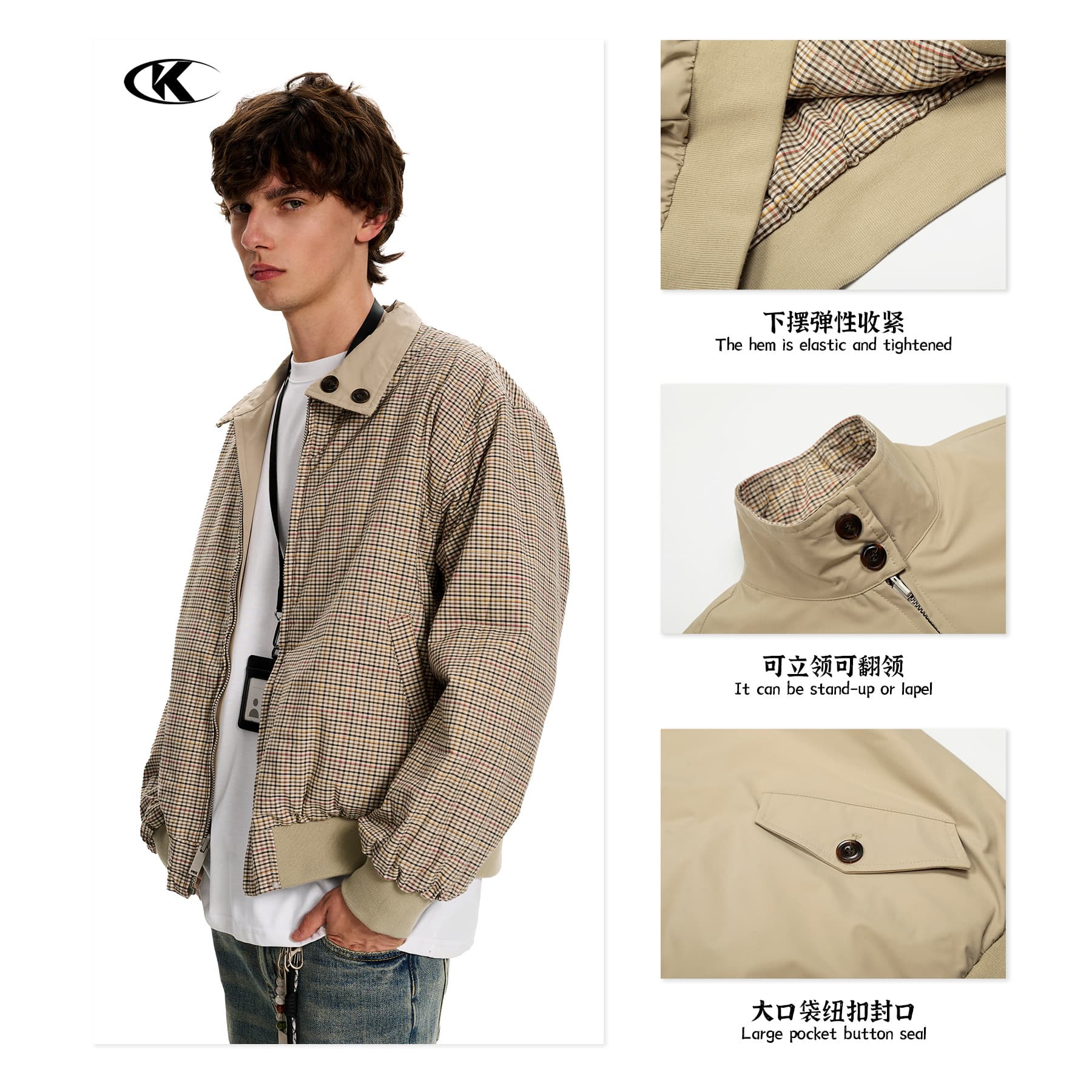 11KN American Houndstooth Reversible Khaki Jacket Unisex Loose Simple Cleanfit Short Wide Boxy Coat