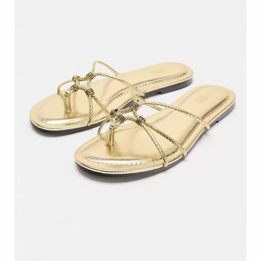 ZA Cross-border Trade 2026 New Style Women's Sandals for Dresses, Gold Metal Vacation Beach Flip Flops