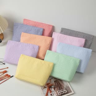 Best-selling Seersucker Cosmetic Bag, Indian Style Handheld Large-Capacity Toiletry Bag with Embroidery Stripes, Travel Organizer