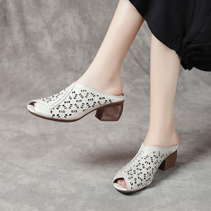 Summer New Genuine Leather Women's Slides Chunky Heel Outdoor Retro Sandals Comfortable Peep Toe Ethnic Style Mother Sandals