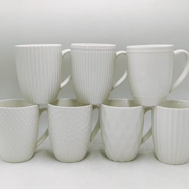 Pure White Ceramic Cup Simple Embossed Mug Coffee Cup Large Capacity Milk Cup Drinking Cup Office