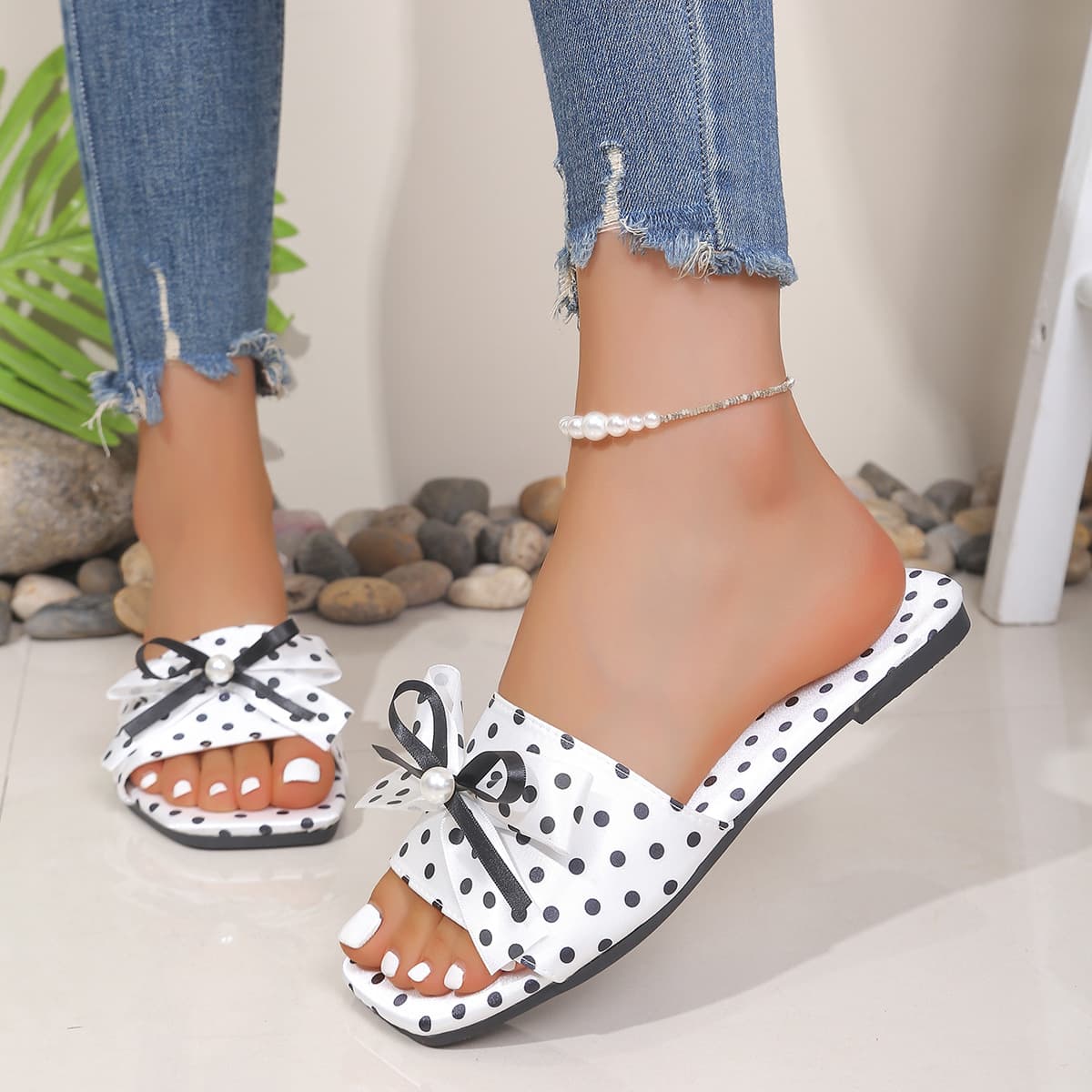 Cross-border Open-Toe Satin Polka Dot 2026 Summer New Fashion Bow Flat Slide Sandals Lightweight Casual Slippers