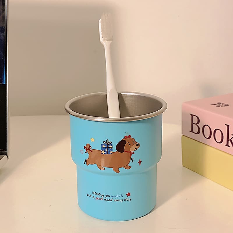 Gift Dachshund Rinse Cup, High-Aesthetic Home Kids Cartoon Ins Style Couple Toothbrush Cup, Stainless Steel Mug