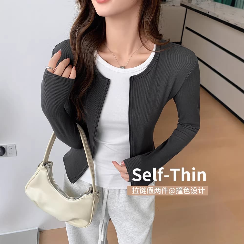 Fake two-piece contrasting color splicing long-sleeved T-shirt for women 2026 new early spring design western style top slim fit inner wear