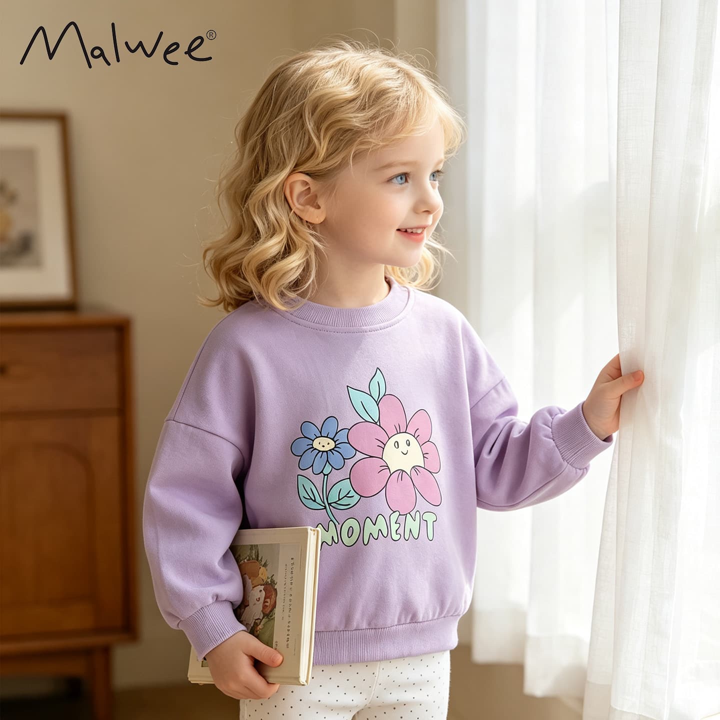 Malwee Girls' Hoodie Autumn/Winter Stylish Top European & American Style Pullover Casual Round Neck Long Sleeve Kids' Clothing