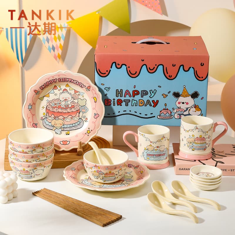 Cartoon Bear Birthday Gift Set Elegant Cartoon Dinnerware Home Use Bowl Plate Cup for Girls Festive Color Box Souvenir