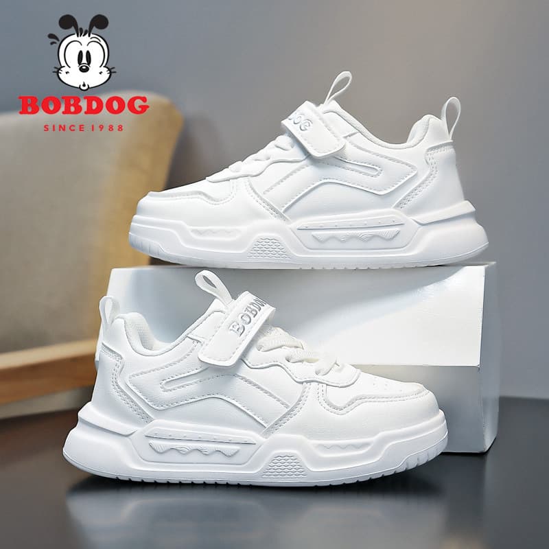 Babudou Children's Shoes School White Sneakers 2024 Autumn/Winter Boys and Girls Velcro Non-slip Leather Mesh Shoes