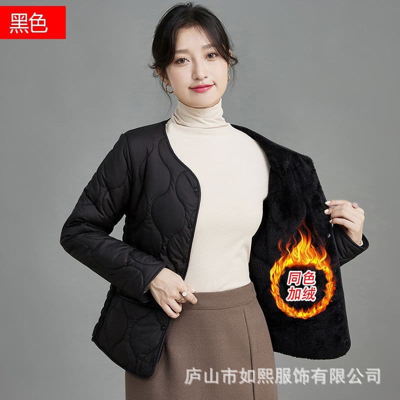 Fleece-Lined Thickened Cotton Clothing Women Fashion Cold-Proof Warm Lining Same Color Fleece Slim-Fit Short Style Middle-Aged and Elderly Cotton Coat Mother Style