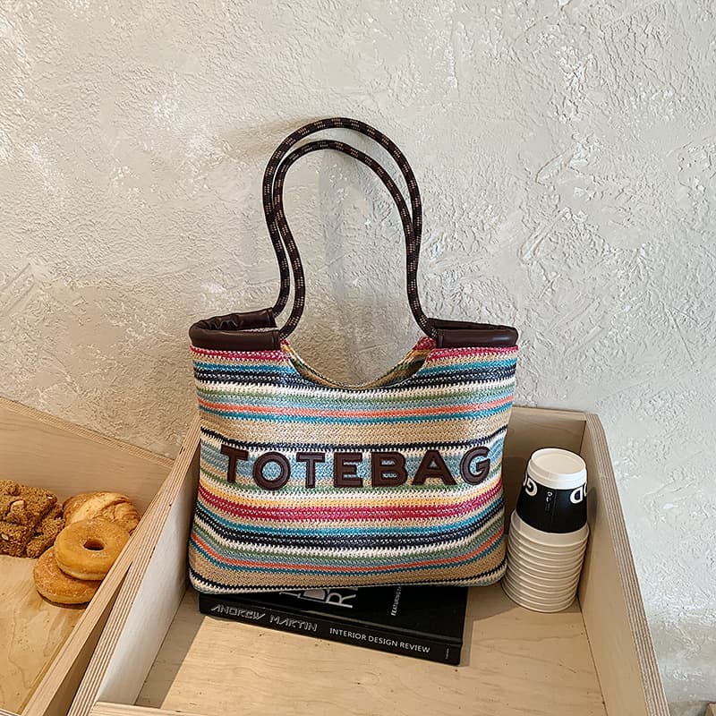 Rainbow Striped Woven Tote Bag for Women, Large Capacity Vacation and Commuting Shoulder Bag, High-Value Casual Straw Bag