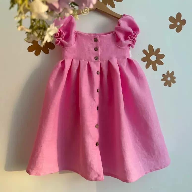 Girls' Summer Cotton Linen Dress 2026 Cotton Linen Cardigan Square Neck Slim Fit Princess Puff Sleeve JK Dress