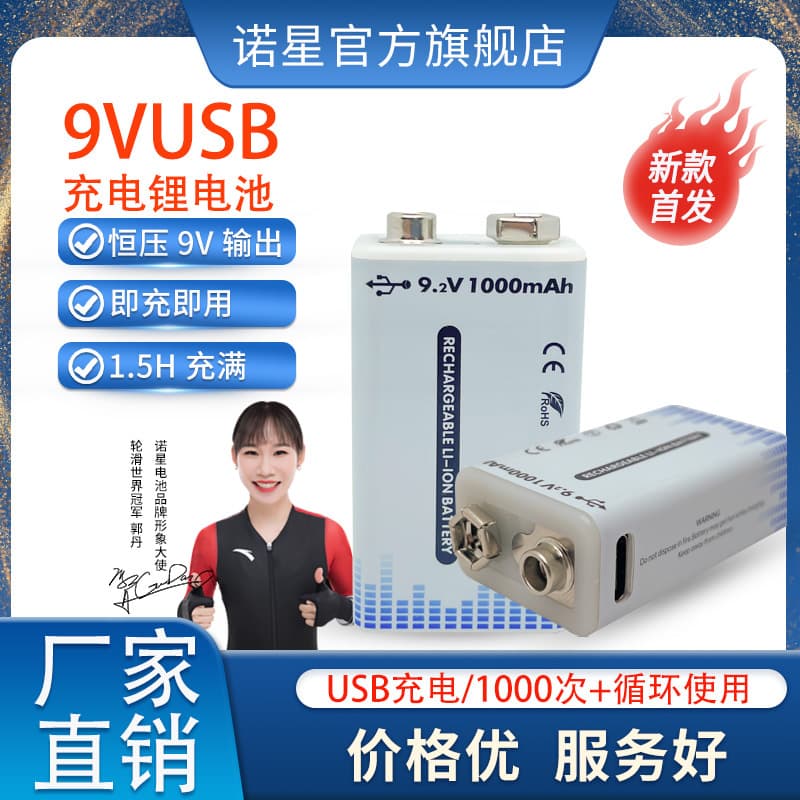 Nuoxin 9V rechargeable lithium battery, constant voltage fast charging, 500mAh high capacity with data cable, multimeter battery