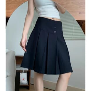 Navy Blue Pleated Skirt Mid-Length for Petite, Plus Size 5-Point A-Line Skirt Anti-Exposure