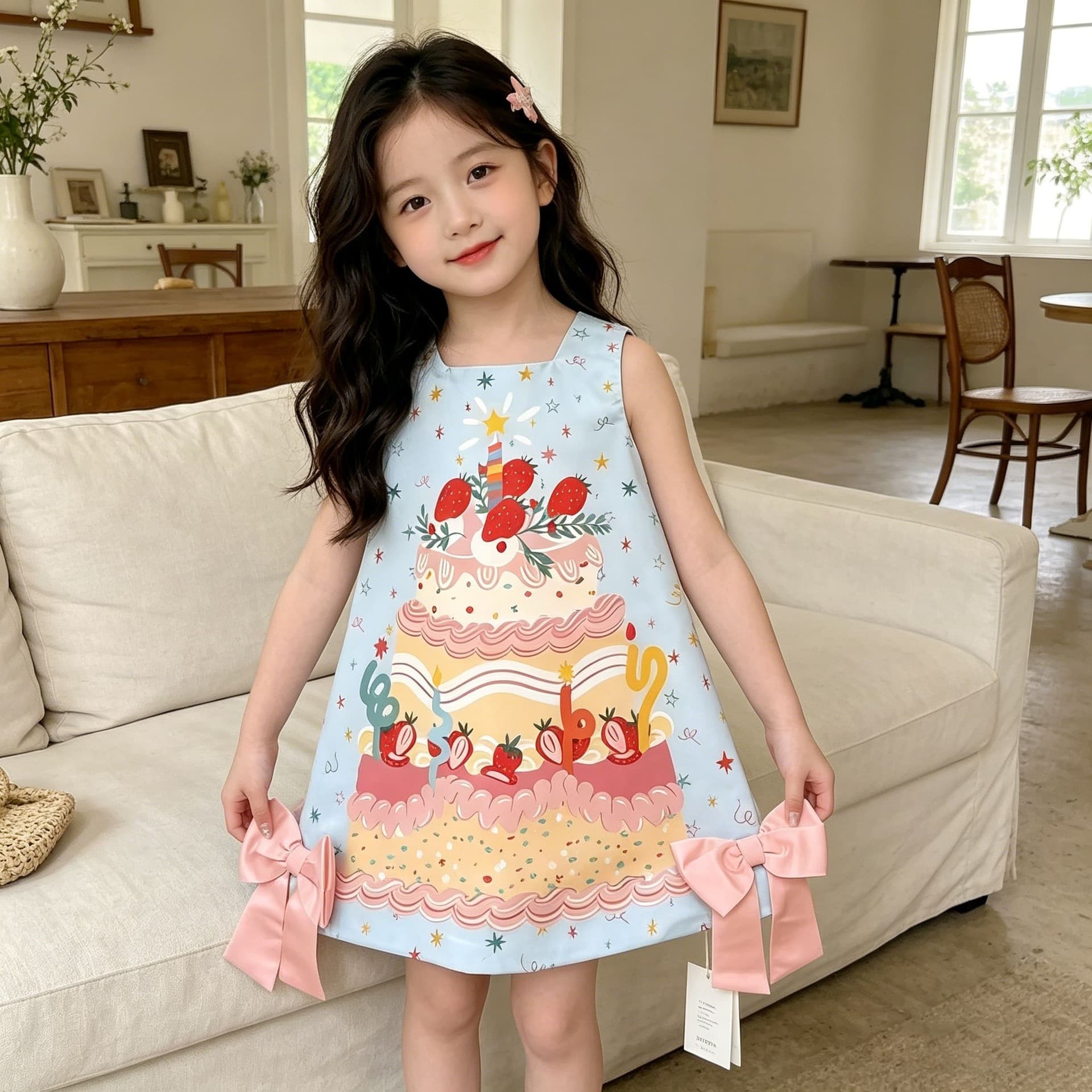 Girls Summer Full Print Strawberry Cake Dress New Thin Birthday Party Dress