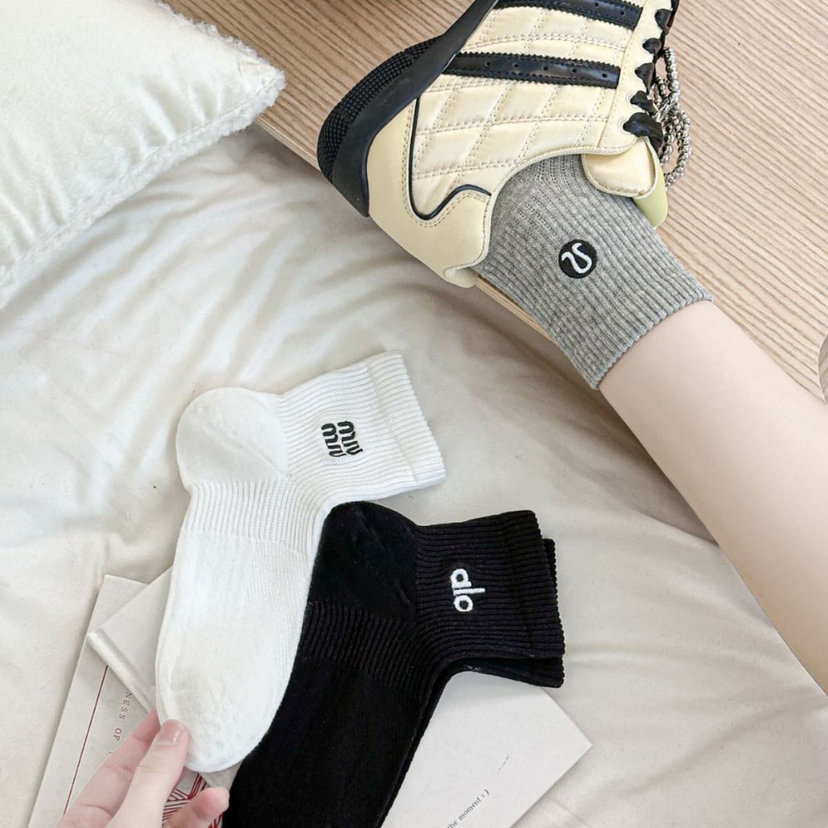 Women's Spring/Summer Black White Gray Mid-Calf Cotton Socks with Letter Print, Mesh Embroidery, Athletic Short Cotton Socks