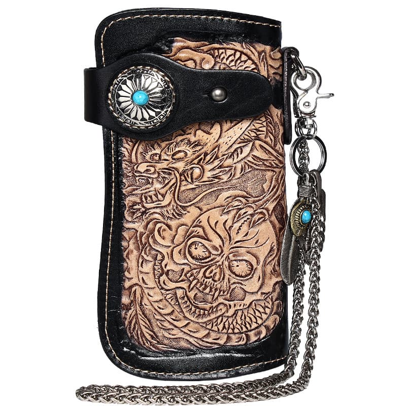 Trendy Cool Leather Carving Craft Wallet Personalized Skull Cloth Bag Punk Knight Locomotive Buckle Long Wallet