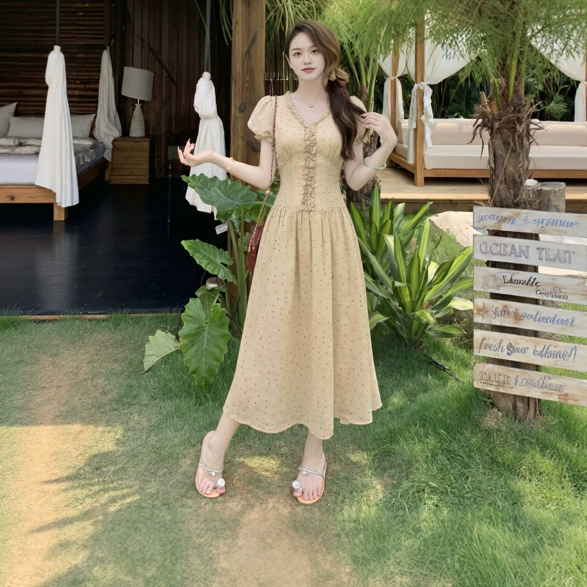 Plus Size Women's New French Polka Dot V-Neck Summer Elegant Long Dress Yellow Waist Slimming Mid-Length Dress