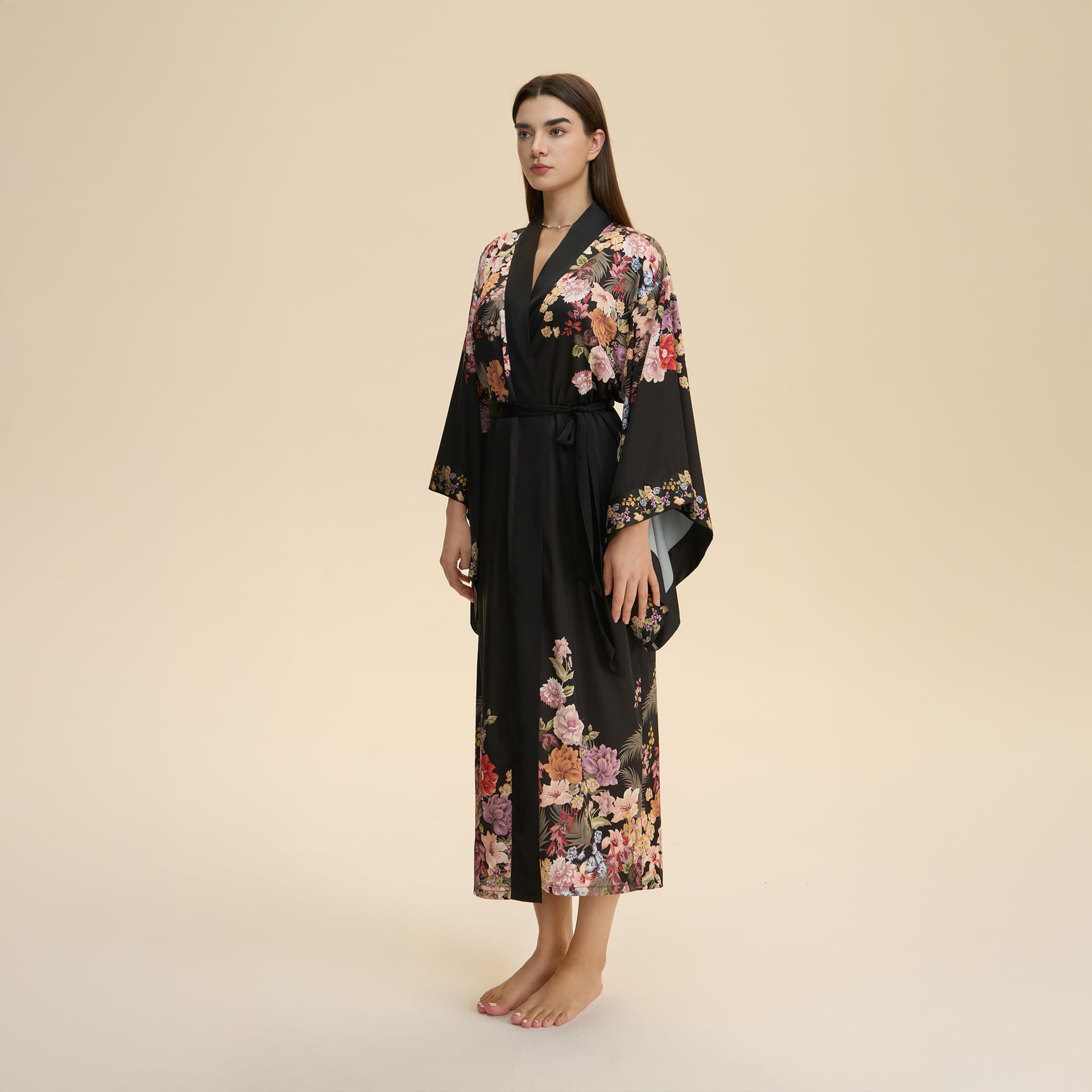 European and American cross-border long nightgown women's satin spring and autumn Yaoting printed dressing gown long-sleeved bridal pajamas women's home wear