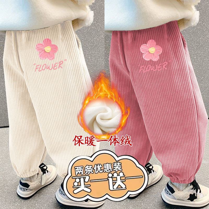 Girls Corduroy Winter New Style Pink Fleece-Lined Thickened Jogger Pants with Elastic Cuffs, One-Piece Fleece Harem Casual Pants