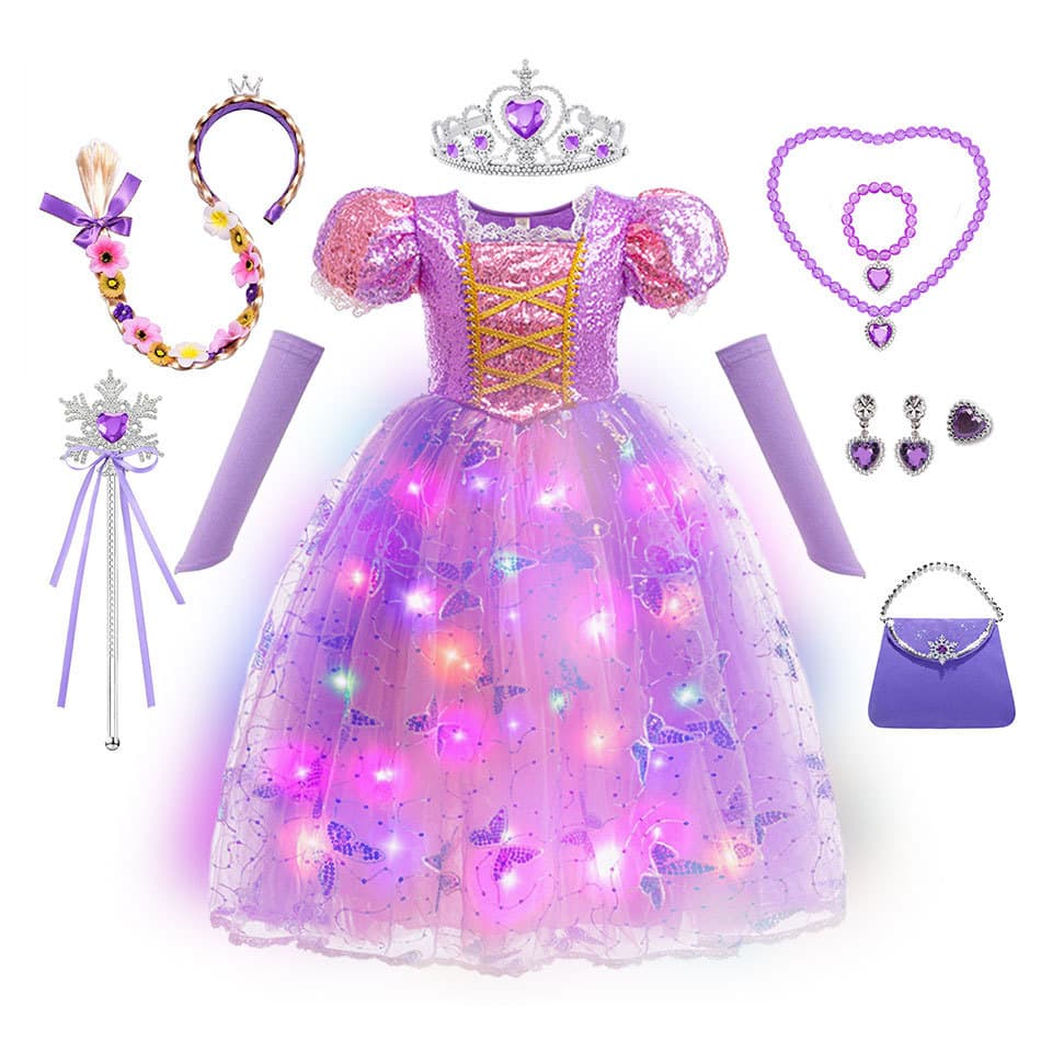Rapunzel Glowing Dress Cosplay Costume for Halloween with Butterfly Sequins Princess Dress
