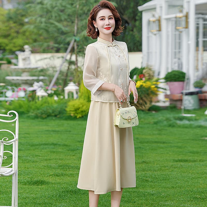 Noble Mom Summer Wear New National Style Dress Suit 50 Years Old Middle-aged Women Wear Broad Wife Exquisite Vest Skirt Suit
