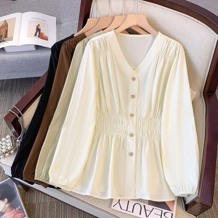 Elastic Waist Long-Sleeve Shirt for Women Fall New Fashion Pleated Blouse Plus Size Top for Curvy Figures
