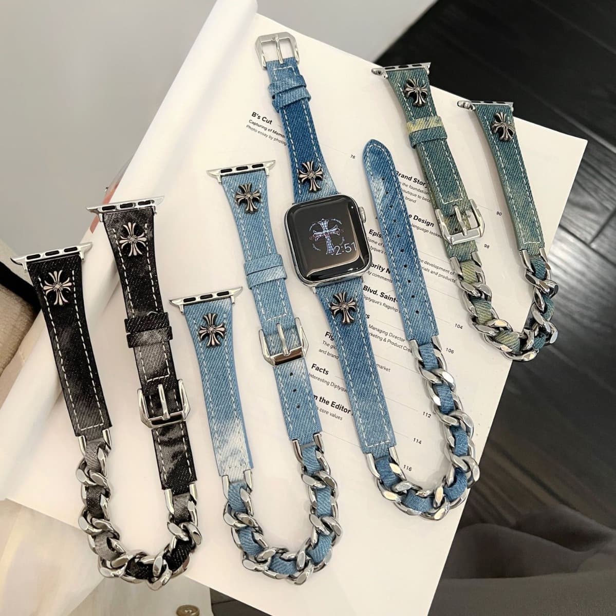Crow heart double circle denim chain watch strap suitable for apple Apple watch wristband iWatch56789SE watch strap