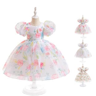2026 Summer New Girls Dress European American Bubble Sleeve Princess Dress Children Floral Print Tulle Tutu Dress