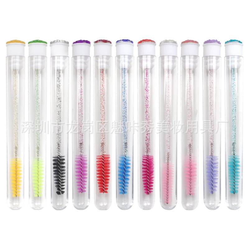 Wholesale disposable test tube mounted crystal stem eyelash brush with diamond, multi-color options portable cylindrical brush